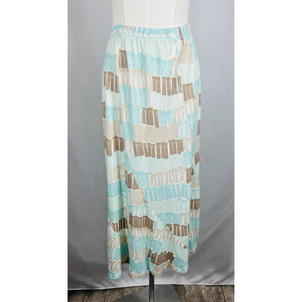 Multiples Women's Jersey Knit Maxi Skirt Size M Blue Brown Geo 90s Boho Feminine - Picture 2 of 13
